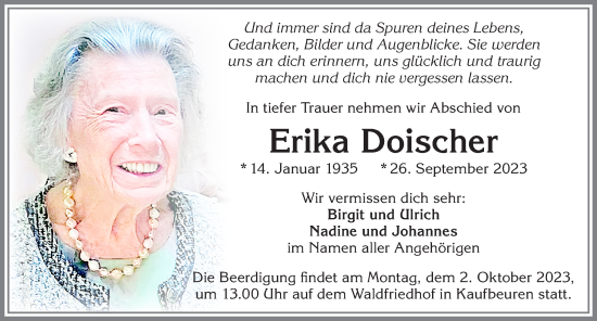 Traueranzeige von Erika Doischer von Allgäuer Zeitung, Kaufbeuren/Buchloe