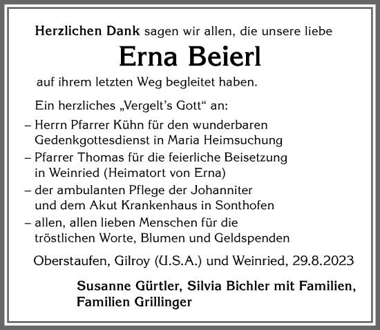 Traueranzeige von Erna Beierl von Allgäuer Anzeigeblatt
