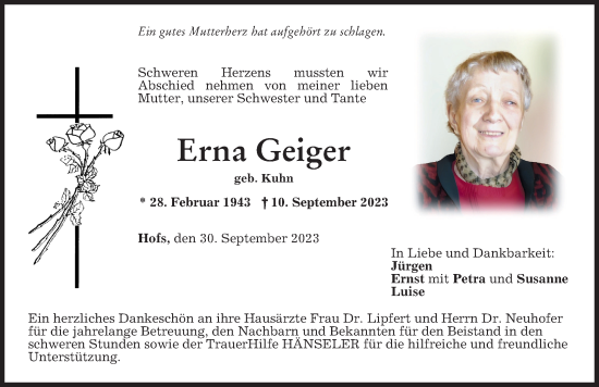 Traueranzeige von Erna Geiger von Memminger Zeitung