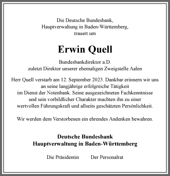 Traueranzeige von Erwin Quell von Allgäuer Anzeigeblatt