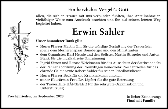 Traueranzeige von Erwin Sahler von Memminger Zeitung