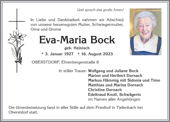 Traueranzeige von Eva-Maria Bock von Allgäuer Anzeigeblatt