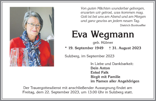 Traueranzeige von Eva Wegmann von Allgäuer Zeitung,Kempten