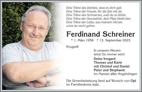 Traueranzeige von Ferdinand Schreiner von Allgäuer Zeitung,Kempten