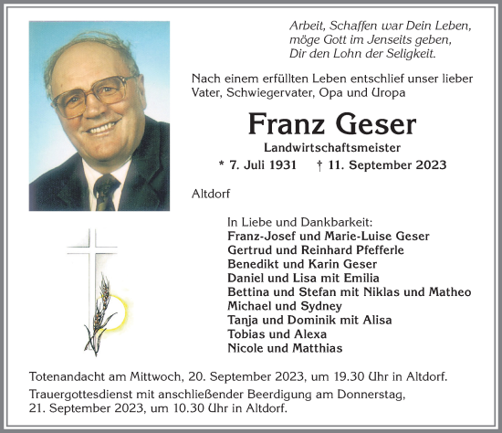Traueranzeige von Franz Geser von Allgäuer Zeitung, Marktoberdorf