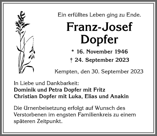 Traueranzeige von Franz-Josef Dopfer von Allgäuer Zeitung,Kempten