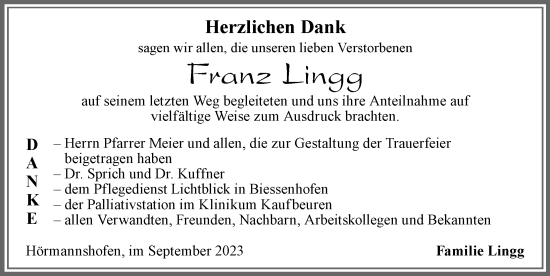 Traueranzeige von Franz Lingg von Allgäuer Zeitung, Marktoberdorf