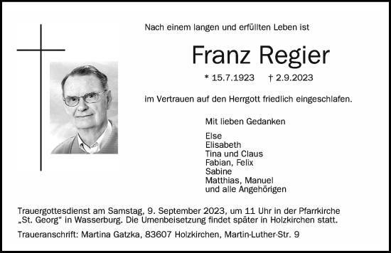 Traueranzeige von Franz Regier von Allgäuer Zeitung, Kaufbeuren/Buchloe