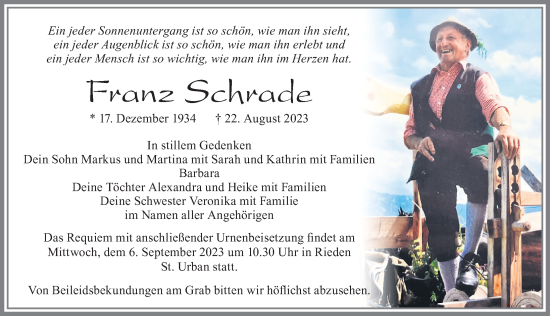 Traueranzeige von Franz Schrade von Allgäuer Zeitung, Füssen