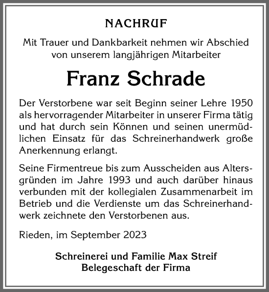 Traueranzeige von Franz Schrade von Allgäuer Zeitung, Füssen