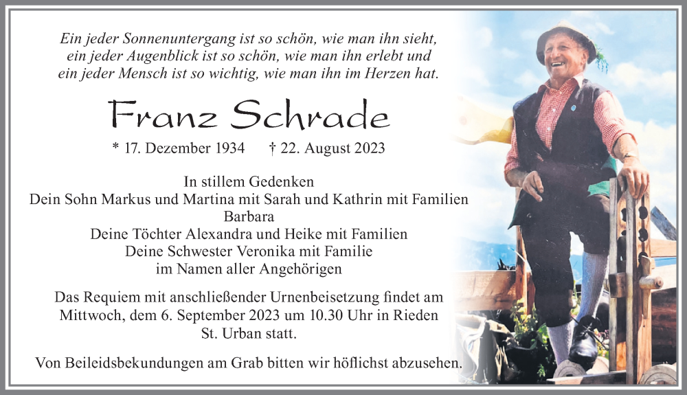  Traueranzeige für Franz Schrade vom 04.09.2023 aus Allgäuer Zeitung, Füssen