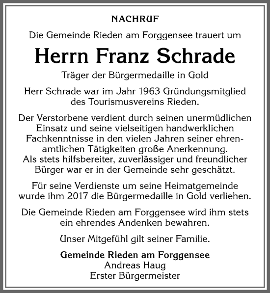 Traueranzeige von Franz Schrade von Allgäuer Zeitung, Füssen