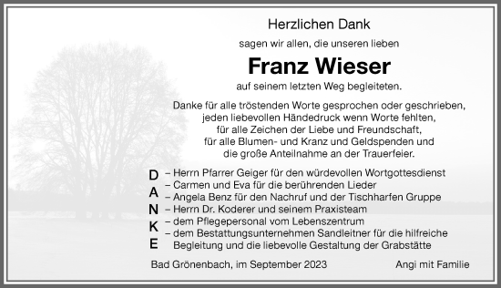 Traueranzeige von Franz Wieser von Memminger Zeitung