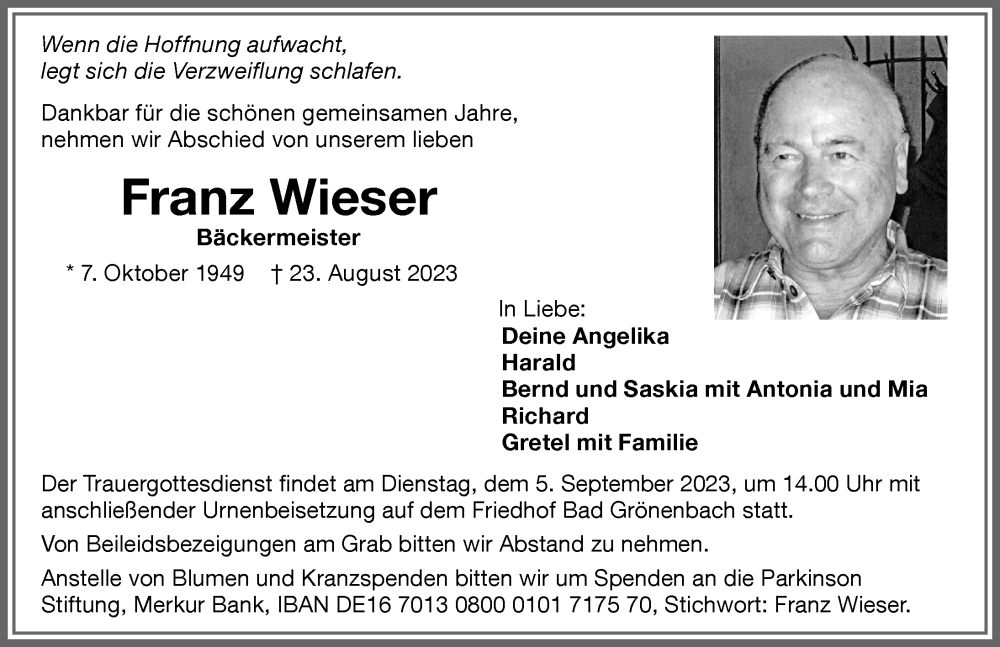  Traueranzeige für Franz Wieser vom 02.09.2023 aus Memminger Zeitung