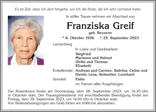 Traueranzeige von Franziska Greif von Allgäuer Zeitung,Kempten