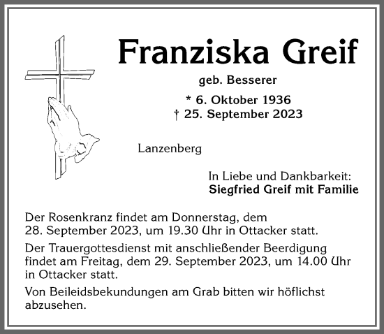 Traueranzeige von Franziska Greif von Allgäuer Anzeigeblatt