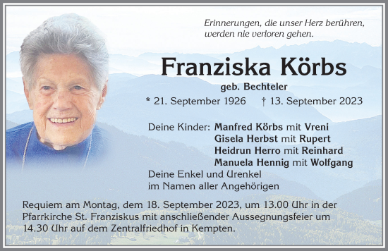 Traueranzeige von Franziska Körbs von Allgäuer Anzeigeblatt