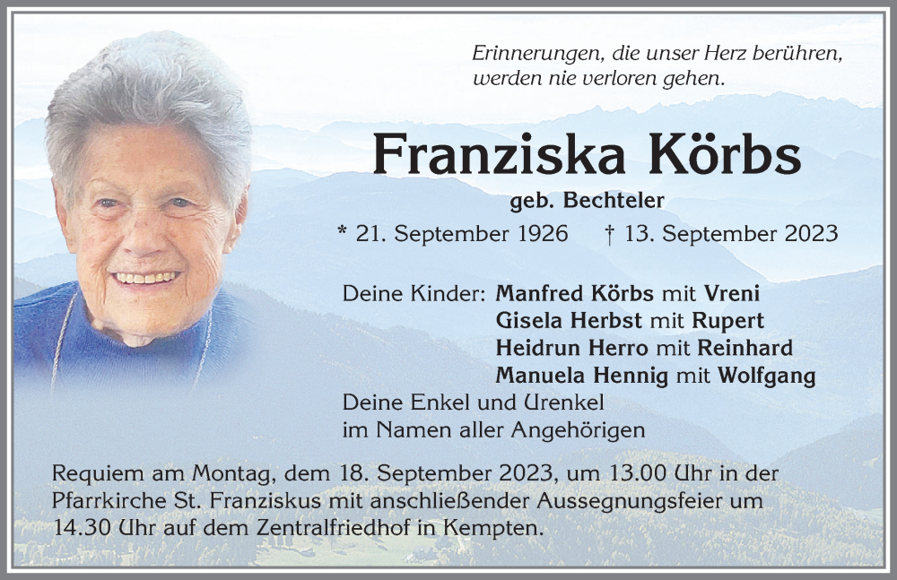  Traueranzeige für Franziska Körbs vom 16.09.2023 aus Allgäuer Anzeigeblatt