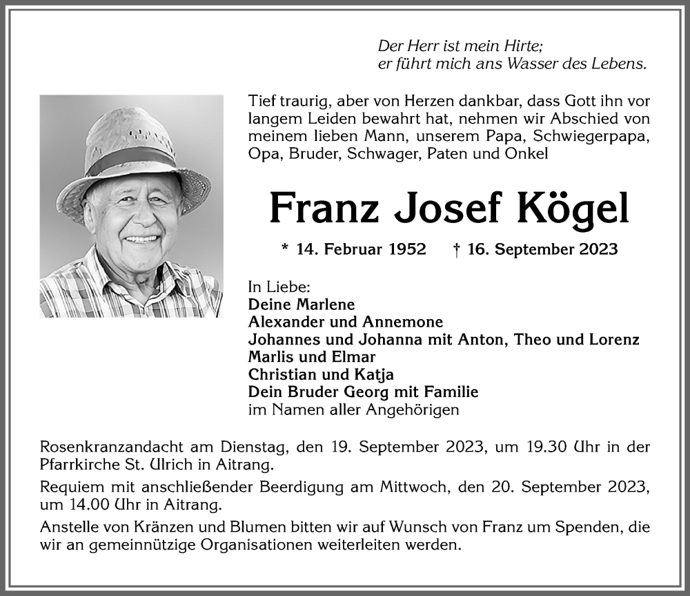  Traueranzeige für Franz Josef Kögel vom 19.09.2023 aus Allgäuer Zeitung, Marktoberdorf