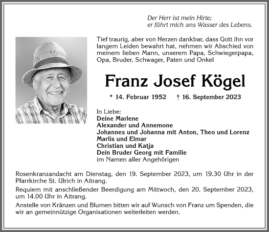 Traueranzeige von Franz Josef Kögel von Allgäuer Zeitung, Marktoberdorf