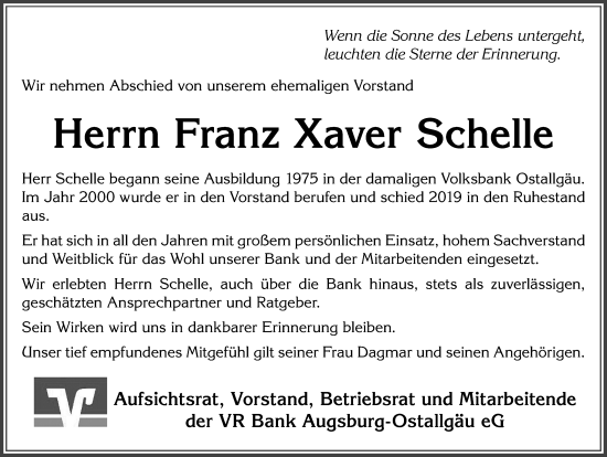 Traueranzeige von Franz Xaver Schelle von Allgäuer Zeitung, Gesamtausgabe