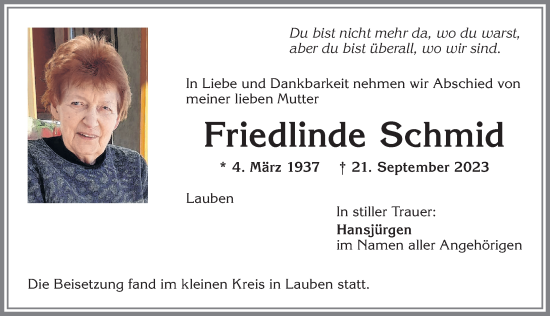 Traueranzeige von Friedlinde Schmid von Allgäuer Zeitung,Kempten