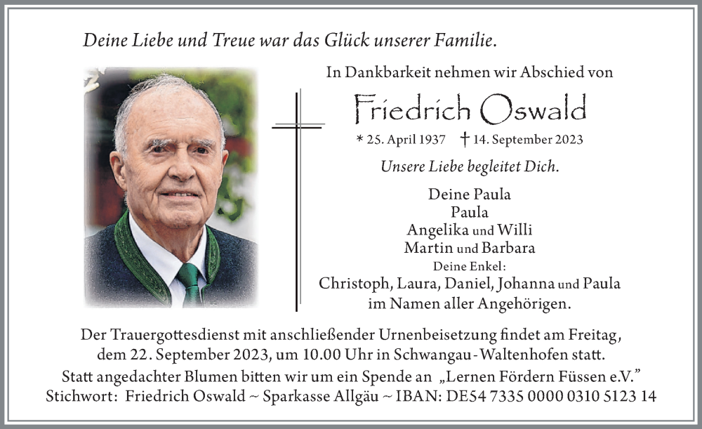  Traueranzeige für Friedrich Oswald vom 20.09.2023 aus Allgäuer Zeitung, Füssen