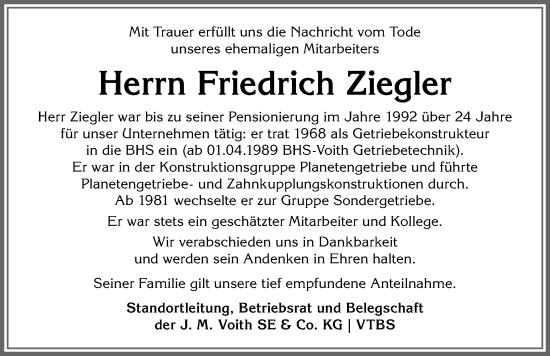 Traueranzeige von Friedrich Ziegler von Allgäuer Anzeigeblatt