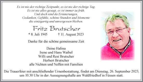 Traueranzeige von Fritz Brutscher von Allgäuer Zeitung, Füssen