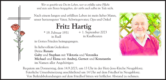 Traueranzeige von Fritz Hartig von Allgäuer Zeitung, Kaufbeuren/Buchloe