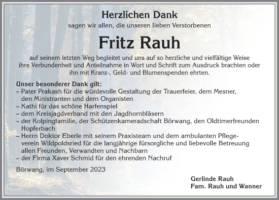 Traueranzeige von Fritz Rauh von Allgäuer Zeitung,Kempten