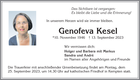 Traueranzeige von Genofeva Kesel von Allgäuer Zeitung,Kempten