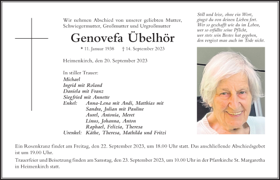 Traueranzeige von Genovefa Übelhör von Der Westallgäuer