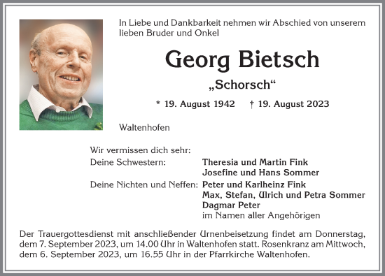 Traueranzeige von Georg Bietsch von Allgäuer Anzeigeblatt