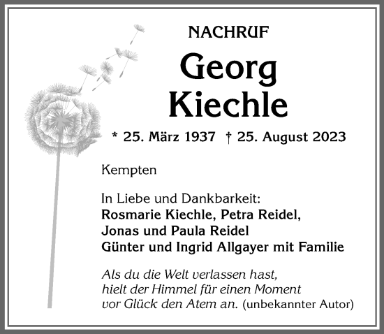 Traueranzeige von Georg Kiechle von Allgäuer Zeitung,Kempten