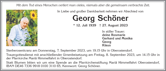 Traueranzeige von Georg Schöner von Allgäuer Zeitung, Kaufbeuren/Buchloe