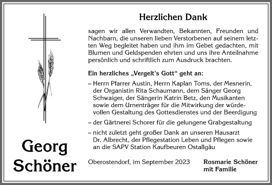 Traueranzeige von Georg Schöner von Allgäuer Zeitung, Kaufbeuren/Buchloe