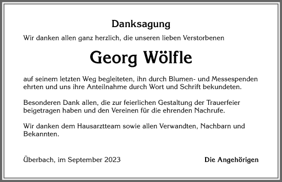 Traueranzeige von Georg Wölfle von Allgäuer Zeitung,Kempten