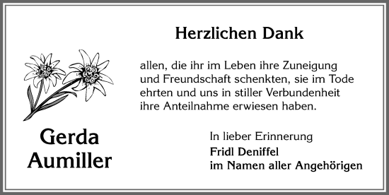 Traueranzeige von Gerda Aumiller von Allgäuer Zeitung, Kaufbeuren/Buchloe