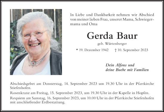 Traueranzeige von Gerda Baur von Der Westallgäuer
