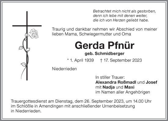 Traueranzeige von Gerda Pfnür von Memminger Zeitung
