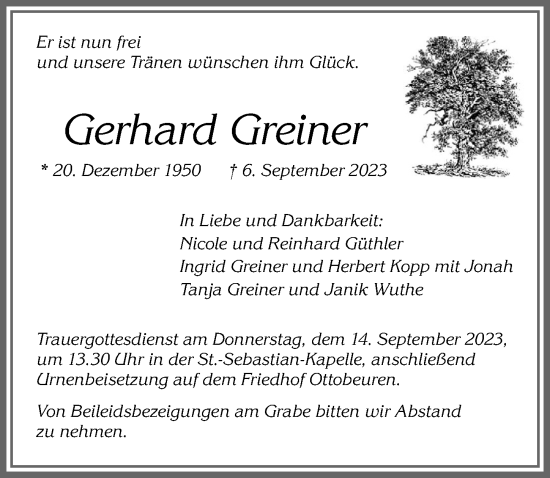 Traueranzeige von Gerhard Greiner von Memminger Zeitung