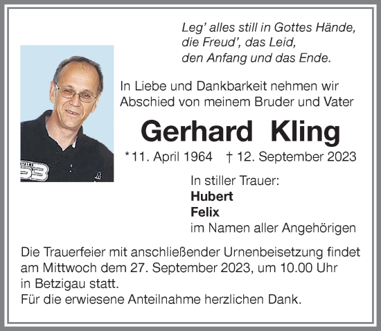 Traueranzeige von Gerhard Kling von Allgäuer Zeitung,Kempten