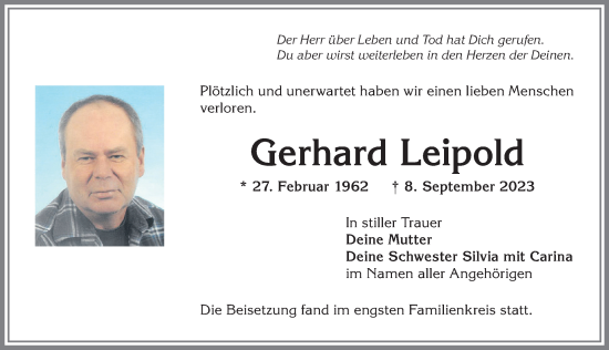 Traueranzeige von Gerhard Leipold von Allgäuer Anzeigeblatt