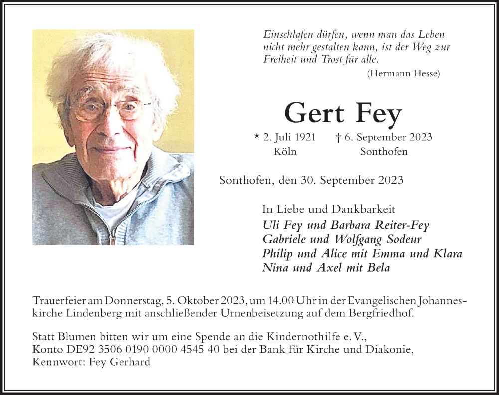  Traueranzeige für Gert Fey vom 30.09.2023 aus Der Westallgäuer