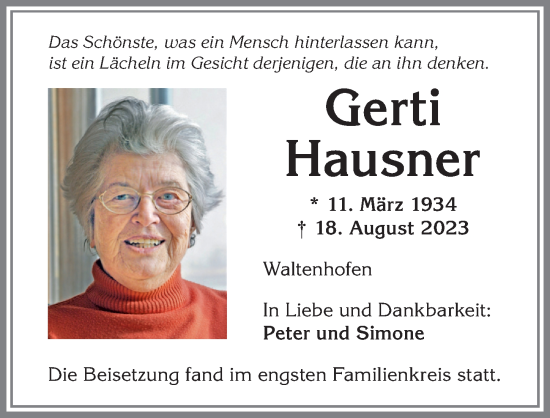 Traueranzeige von Gerti Hausner von Allgäuer Zeitung,Kempten
