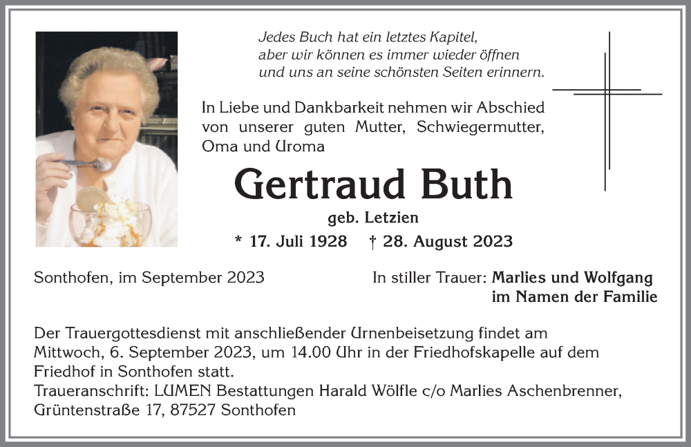 Traueranzeige für Gertraud Buth vom 02.09.2023 aus Allgäuer Anzeigeblatt