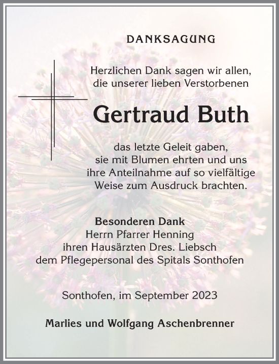 Traueranzeige von Gertraud Buth von Allgäuer Anzeigeblatt