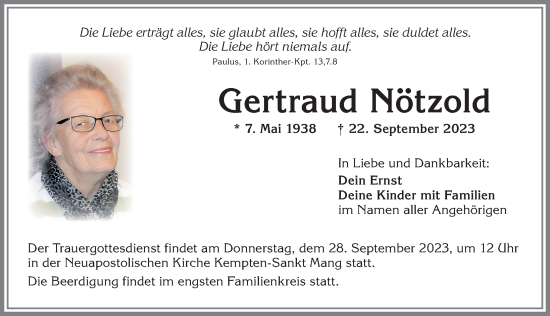 Traueranzeige von Gertraud Nötzold von Allgäuer Zeitung,Kempten