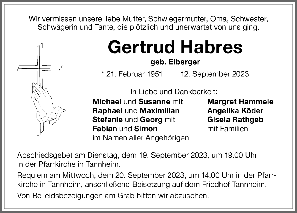  Traueranzeige für Gertrud Habres vom 18.09.2023 aus Memminger Zeitung